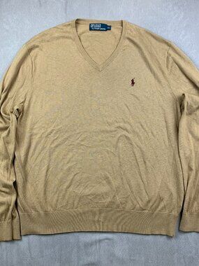 Ralph Lauren Polo Mens Sweater XL Beige Tan V-Neck Long Sleeve Cotton Cashmere